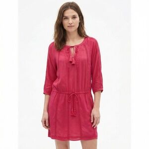 GAP FACTORY Boho Embroidered Dress Drop Waist Tassel Ties at Neck Dark Pink Sz M
